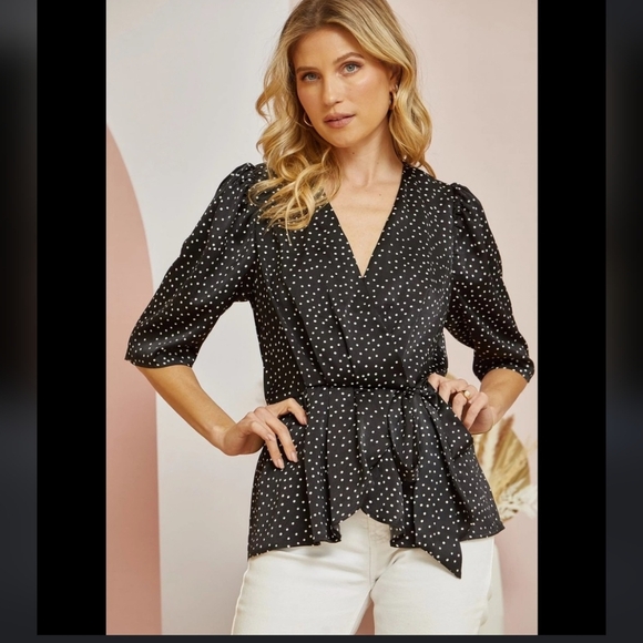 NEW Andree by Unit Silky Polka Dot Faux Wrap Deep V Neck 1/2 Sleeves Preppy - Picture 13 of 16